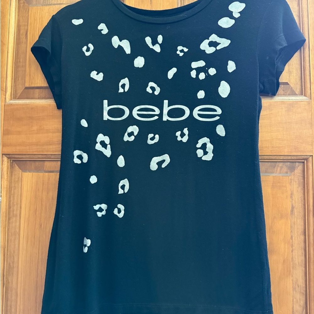 Bebe Black Tee with silver metallic leopard  Pattern